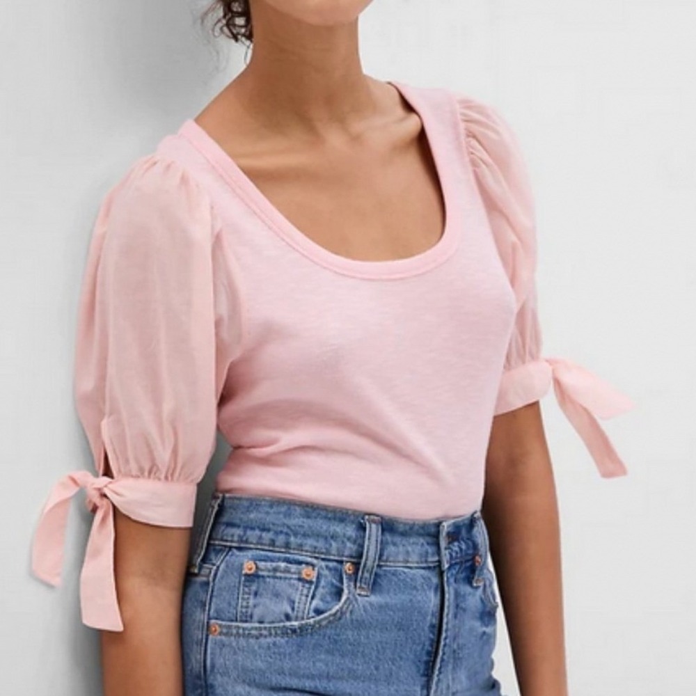GAP Women's L Tall Misty Rose Pink Puff Sleeve Rib Top Tie Cuff 540594